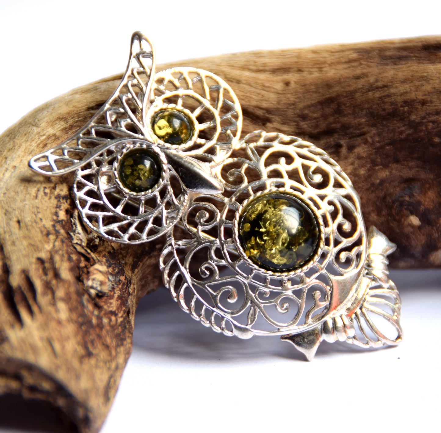 MJ Baltica, brooch, natural Baltic Amber, 925 Silver, owl, filigree, beautiful, Green Amber, BBR020