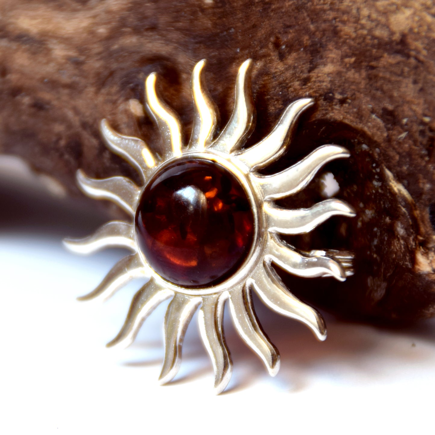 MJ Baltica, Brooch, natural Baltic amber, 925 silver, sun, large, luminous, BBR026