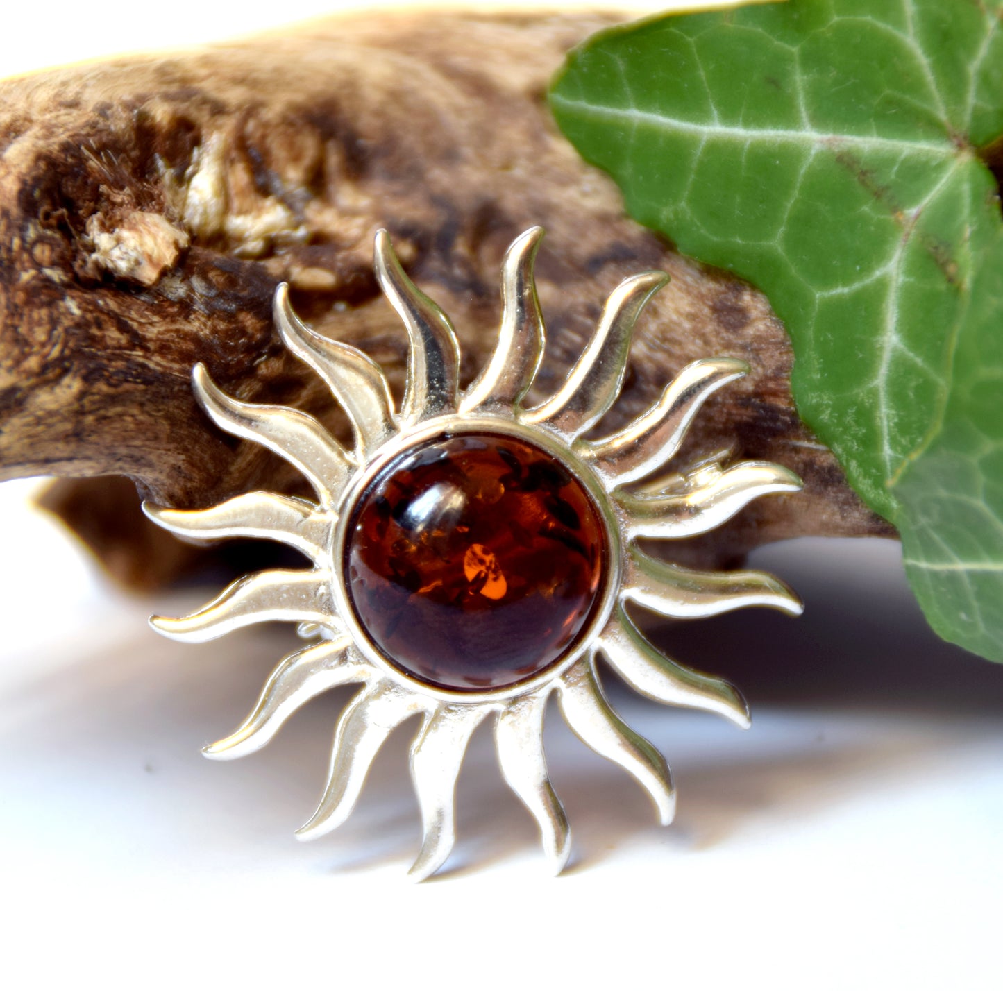 MJ Baltica, Brooch, natural Baltic amber, 925 silver, sun, large, luminous, BBR026