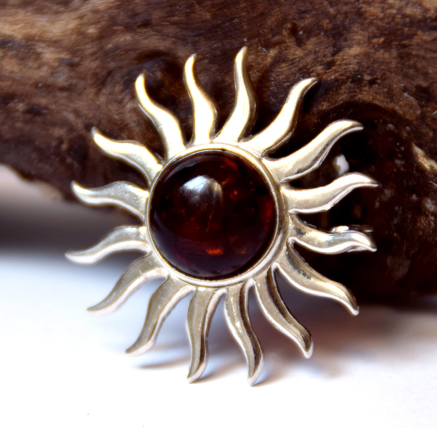 MJ Baltica, Brooch, natural Baltic amber, 925 silver, sun, large, luminous, BBR026