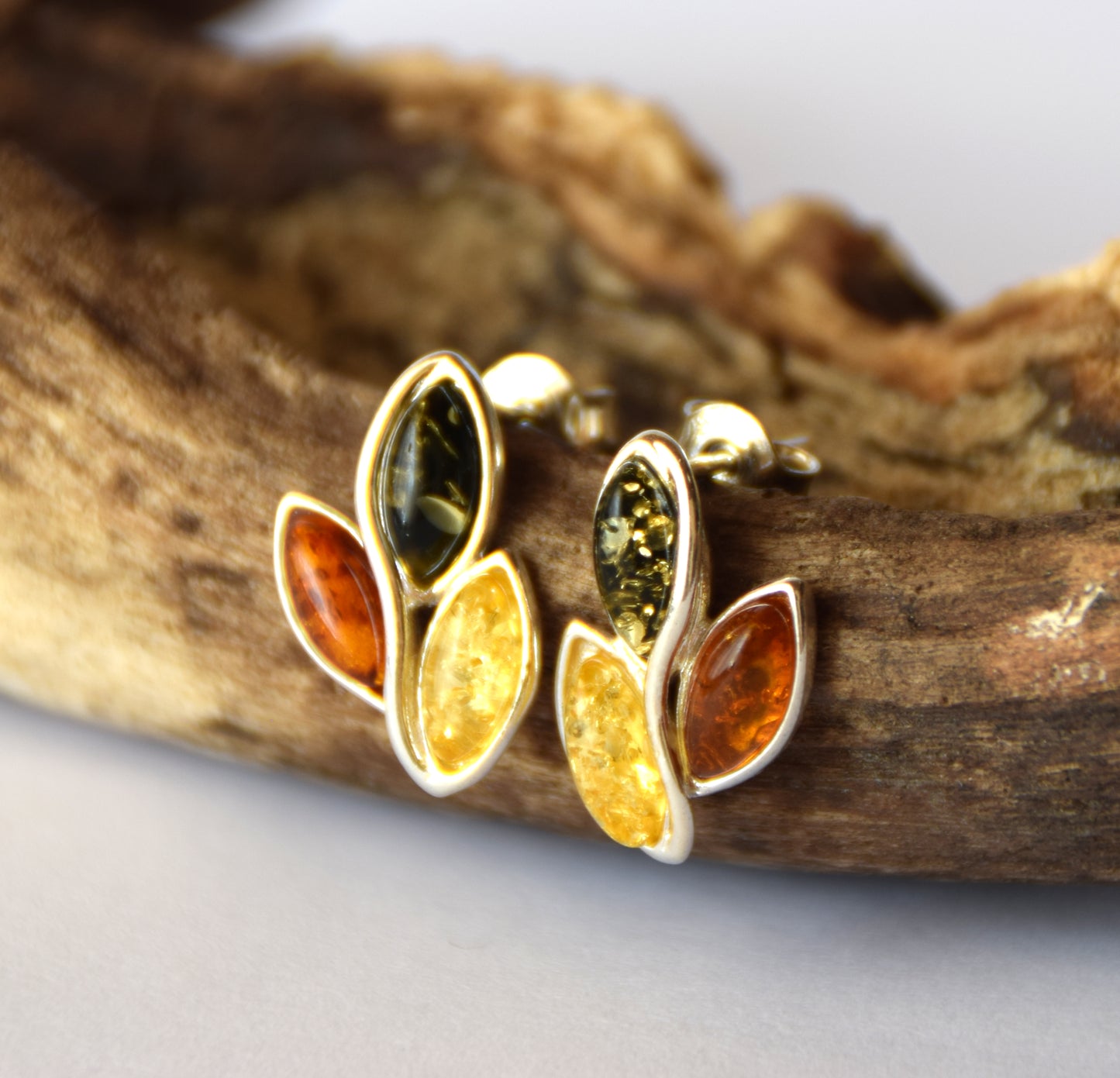 MJ Baltica, earrings, natural Baltic amber, 925 silver, multi colour, lobe, handcrafted, BK104