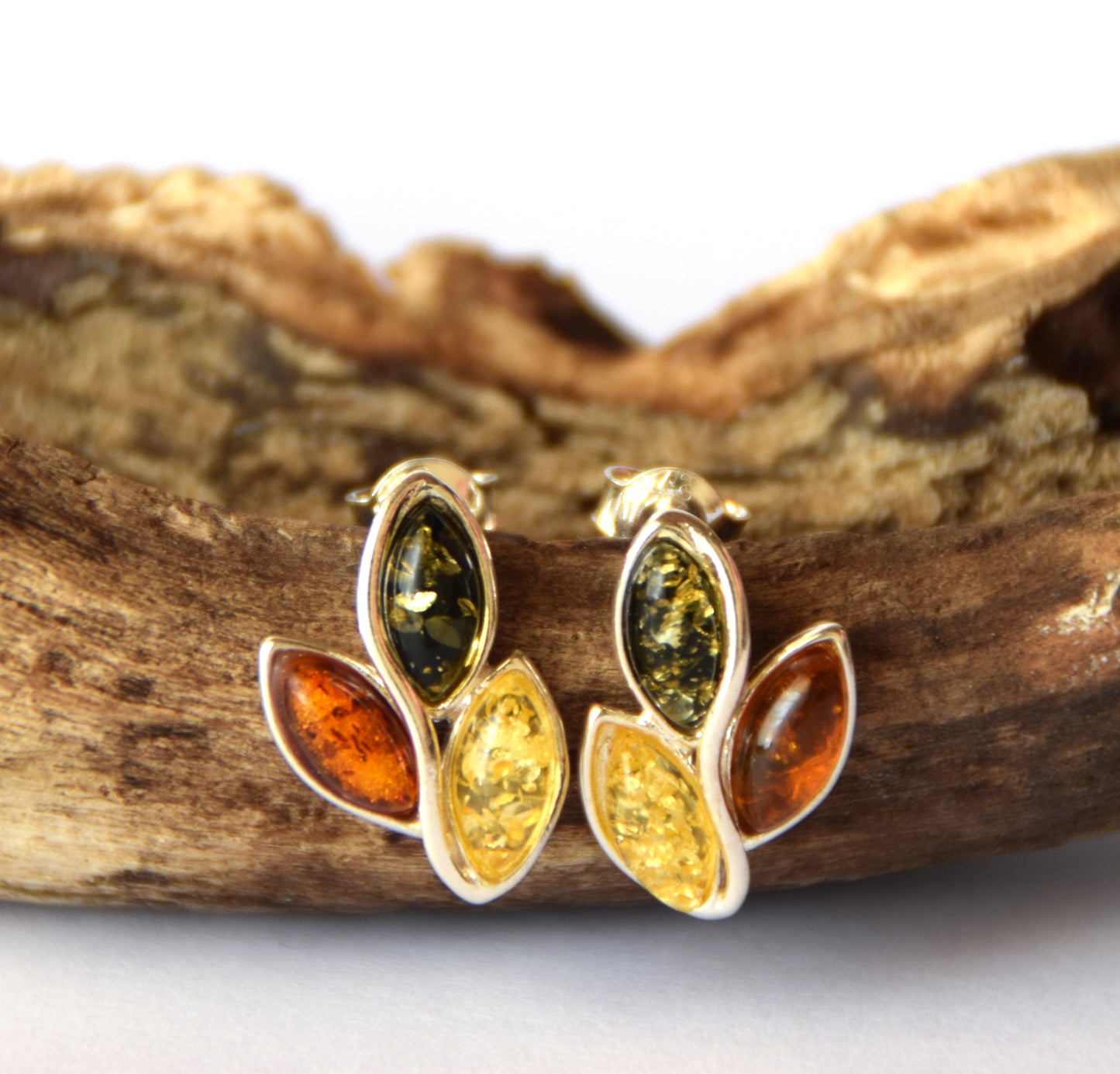 MJ Baltica, earrings, natural Baltic amber, 925 silver, multi colour, lobe, handcrafted, BK104