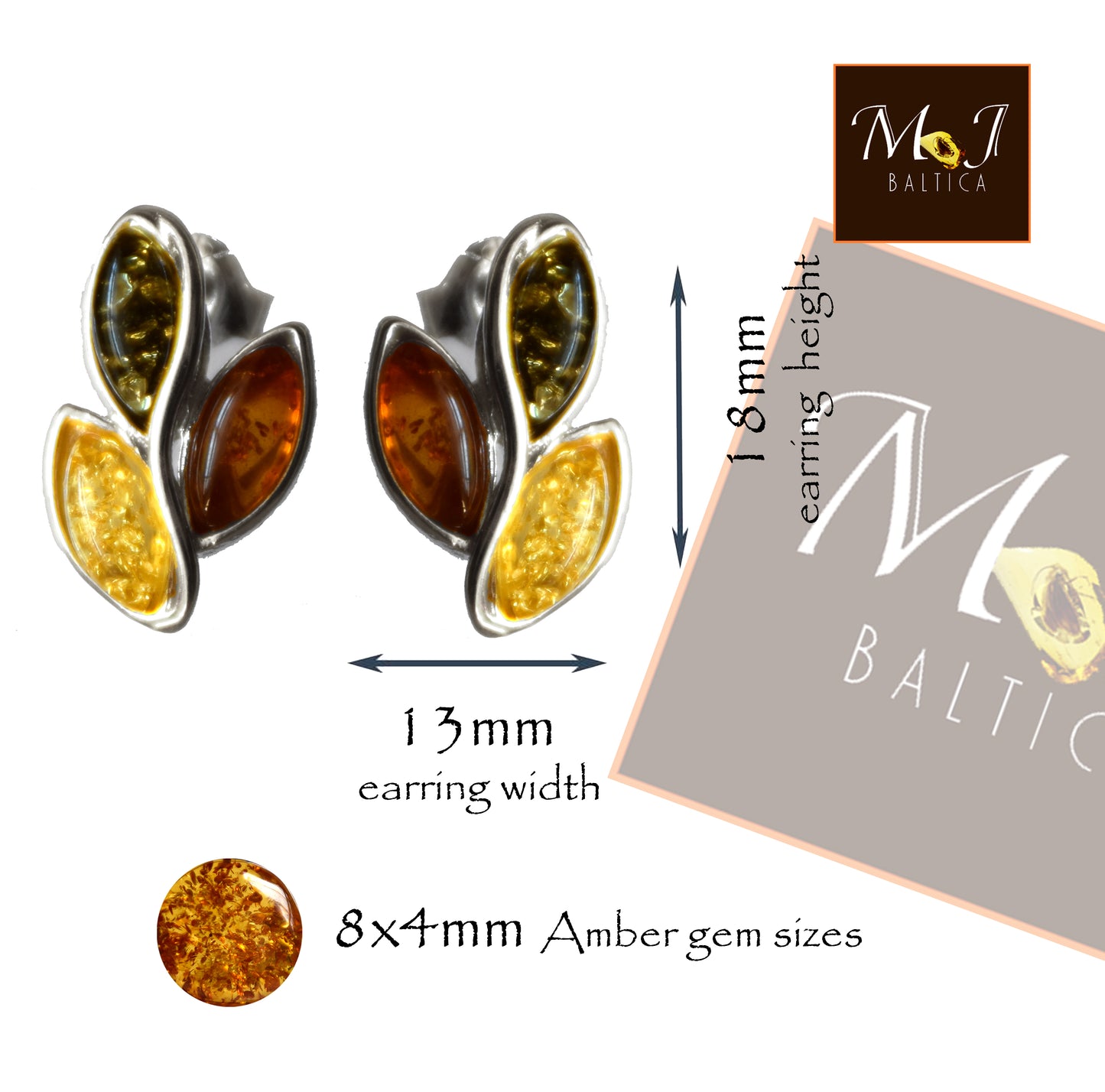 MJ Baltica, earrings, natural Baltic amber, 925 silver, multi colour, lobe, handcrafted, BK104