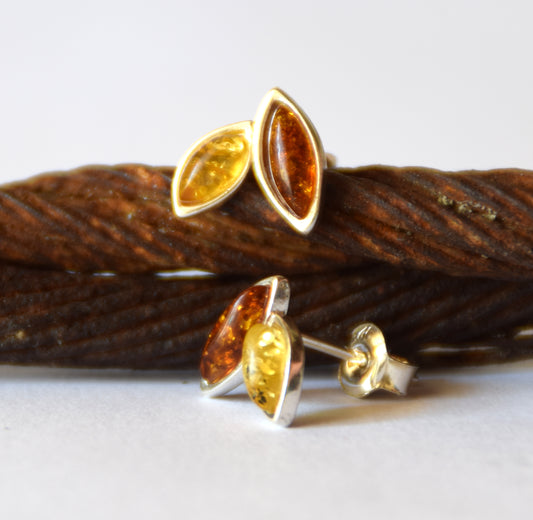 MJ Baltica, earrings, natural Baltic amber, 925 silver, leaves, lobe, handcrafted, BK113