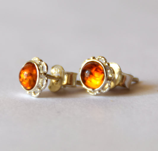 MJ Baltica, earrings, natural Baltic amber, 925 silver, flower, lobe, handcrafted, BK114