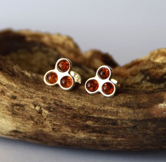 MJ Baltica, earrings, natural Baltic amber, 925 silver, trio, lobe, handcrafted, BK118