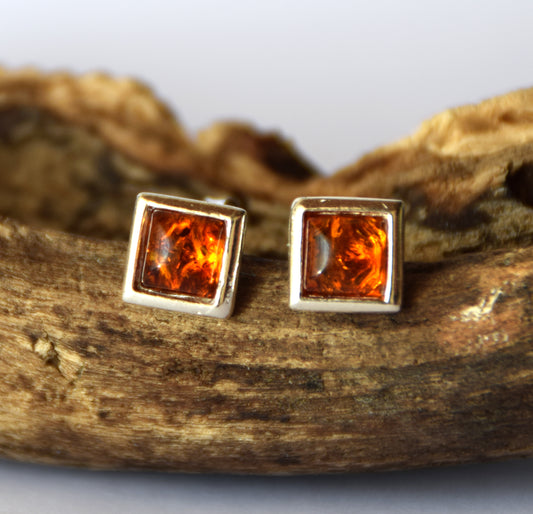 MJ Baltica, earrings, natural Baltic amber, 925 silver, rhombus, lobe, handcrafted, BK127