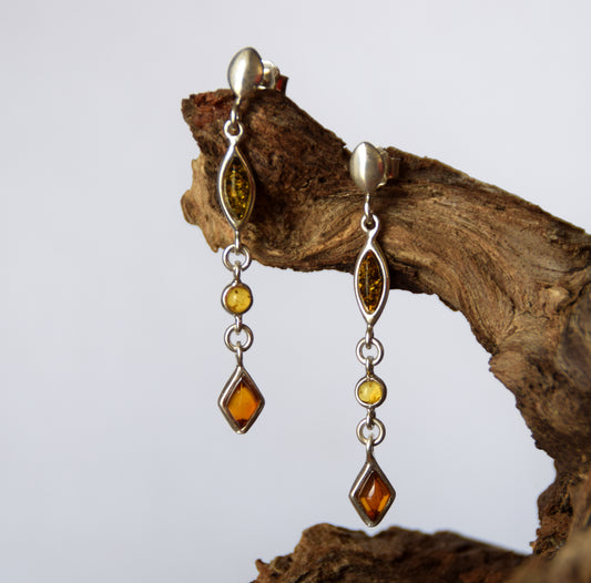 MJ Baltica, earrings, natural Baltic amber, 925 silver, delicate, long, cascade, multicolored, BK135