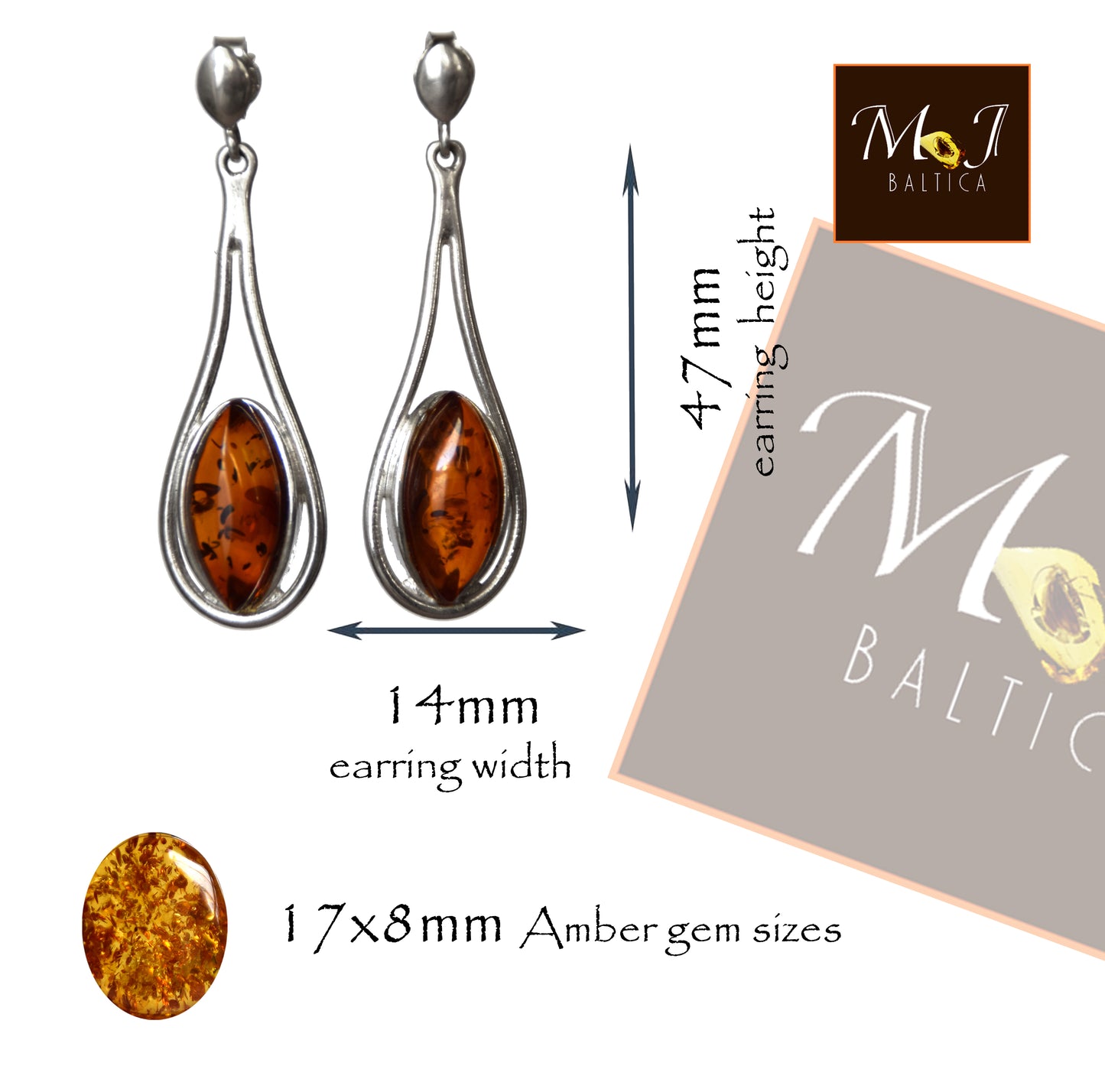 MJ Baltica, earrings, natural Baltic amber, 925 silver, elegant, feminine, bright, long, BK138