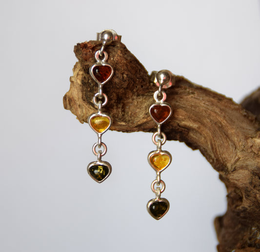 MJ Baltica, earrings, natural Baltic amber, 925 silver, delicate, elegant, heart, multicolored, BK141