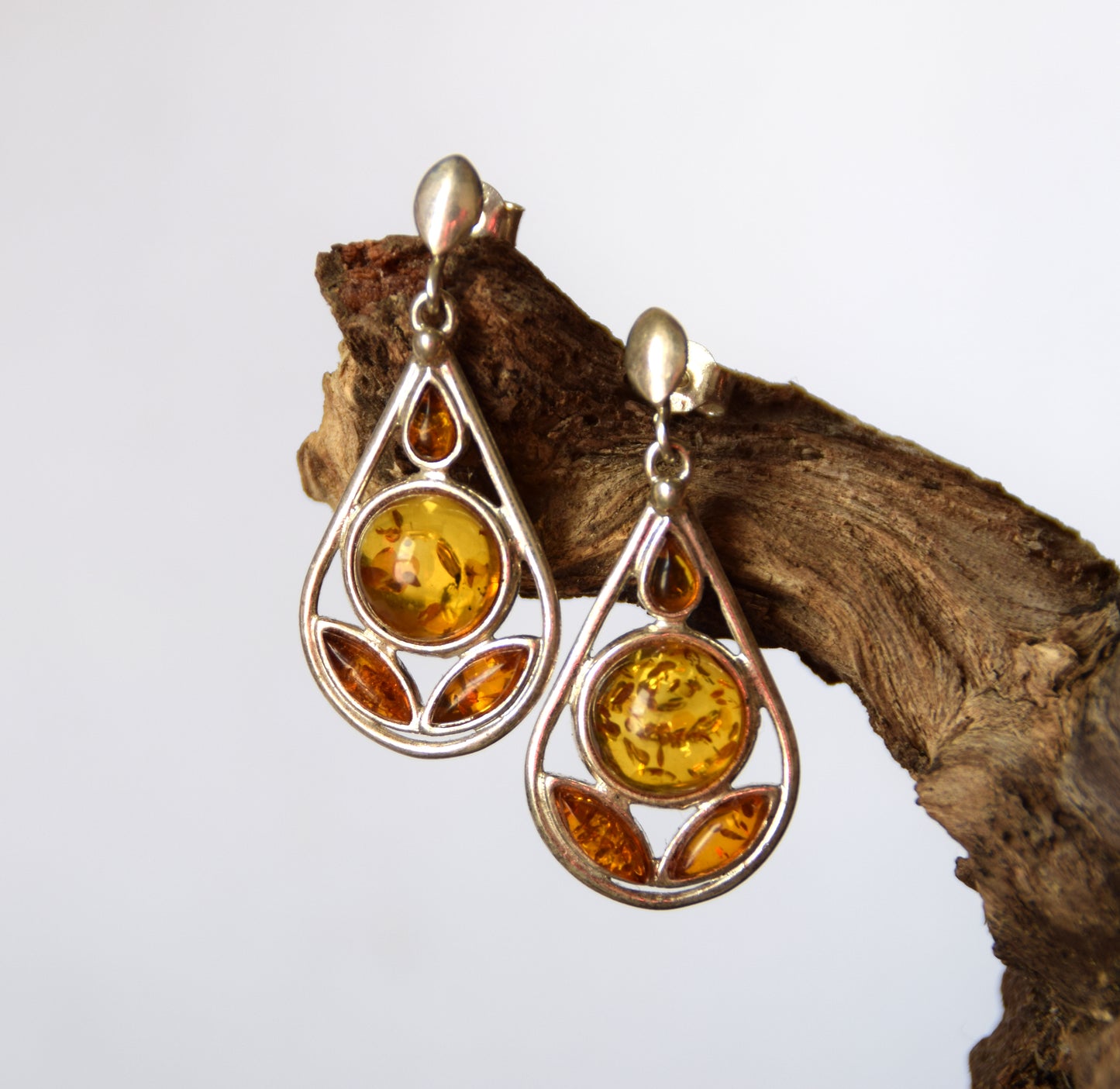 Dangle drop earrings with cognac natural Amber mosaic and 925 Sterling Silver, MJ Baltica, BK148