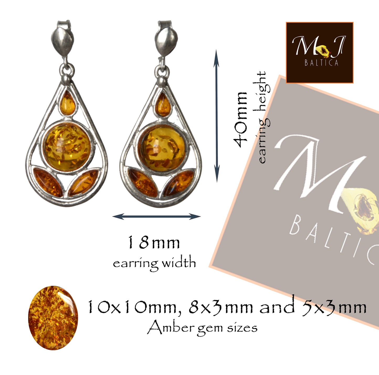 Dangle drop earrings with cognac natural Amber mosaic and 925 Sterling Silver, MJ Baltica, BK148