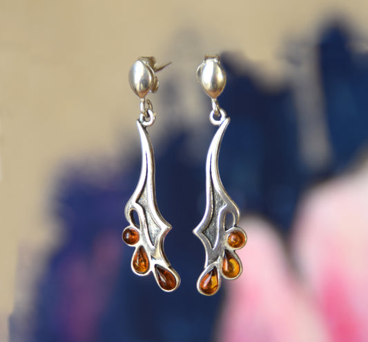 MJ Baltica, earrings, natural Baltic amber, 925 silver, vintage, burnished, elegant, cognac, BK149