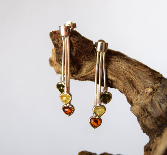 MJ Baltica, earrings, natural Baltic amber, 925 silver, feminine, heart, waterfall, multicolored, BK152