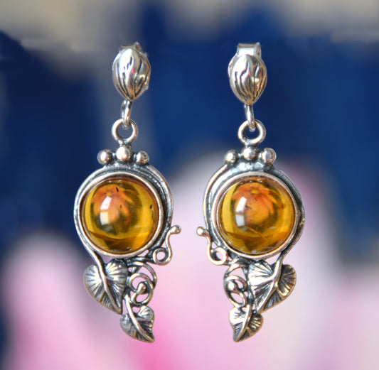 MJ Baltica, earrings, natural Baltic amber, 925 silver, vintage, leaves, elegant, feminine, cognac, BK154