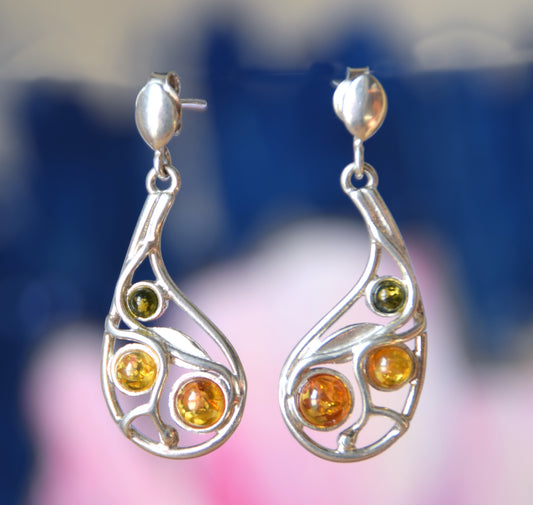 MJ Baltica, earrings, natural Baltic amber, 925 silver, feminine, flowers, mosaic, multicolored, BK157