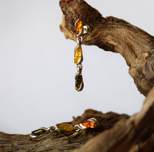 MJ Baltica, earrings, natural Baltic amber, 925 silver, feminine, chain, multicolored, BK158