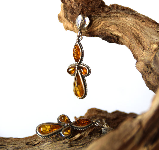 MJ Baltica, earrings, natural Baltic amber, 925 silver, vintage, elegant, feminine, cognac, BK163