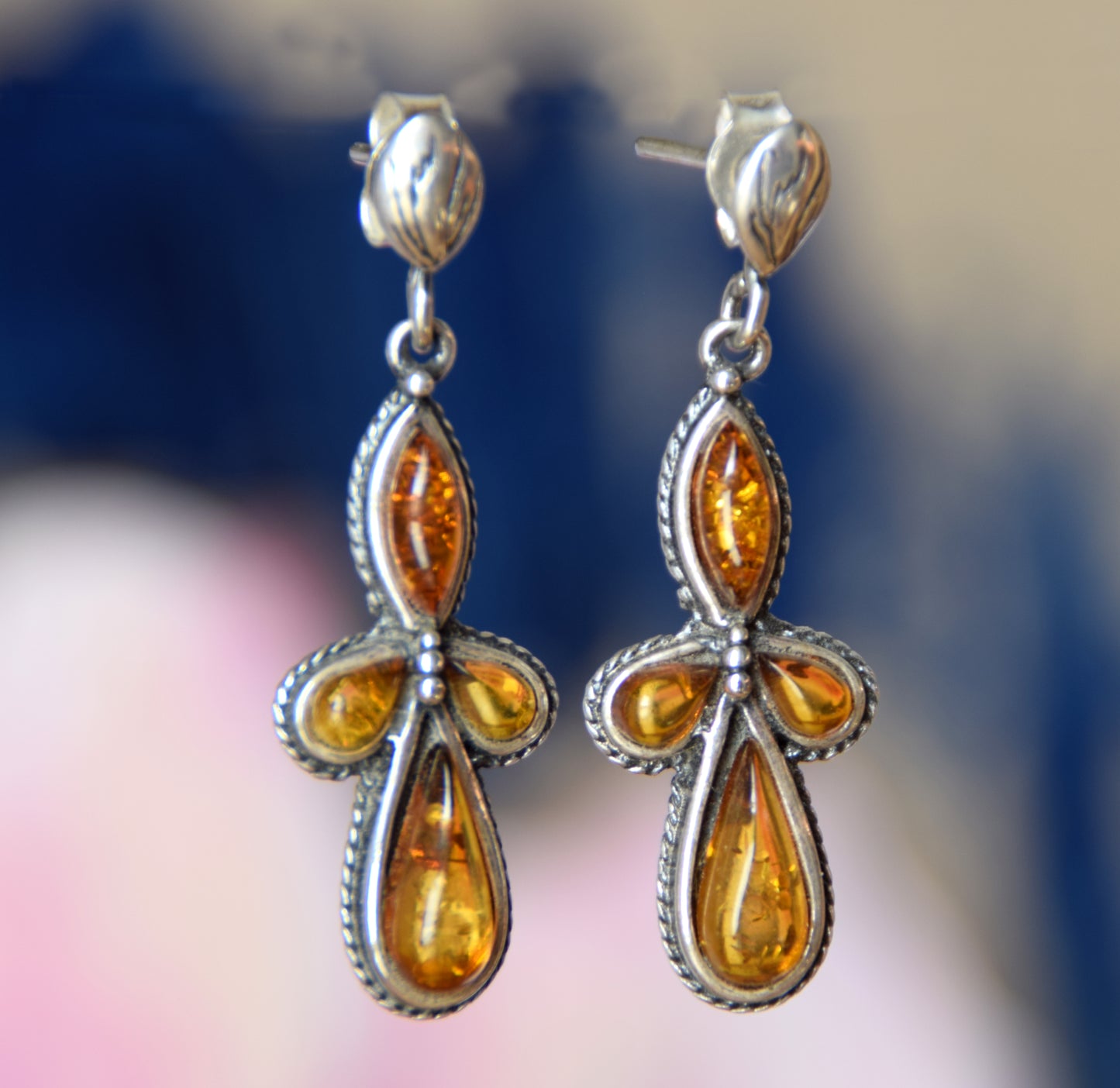 MJ Baltica, earrings, natural Baltic amber, 925 silver, vintage, elegant, feminine, cognac, BK163