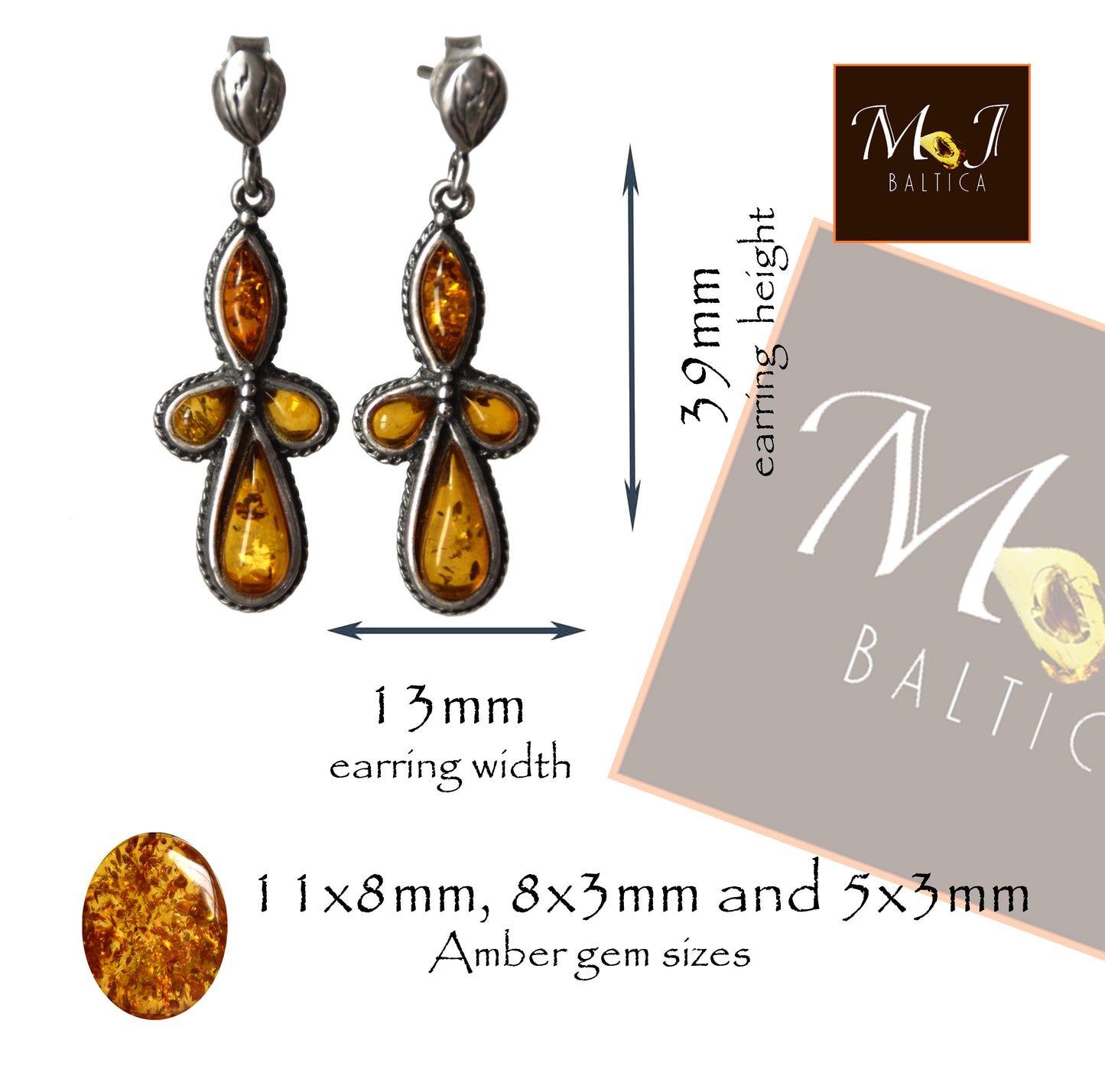 MJ Baltica, earrings, natural Baltic amber, 925 silver, vintage, elegant, feminine, cognac, BK163