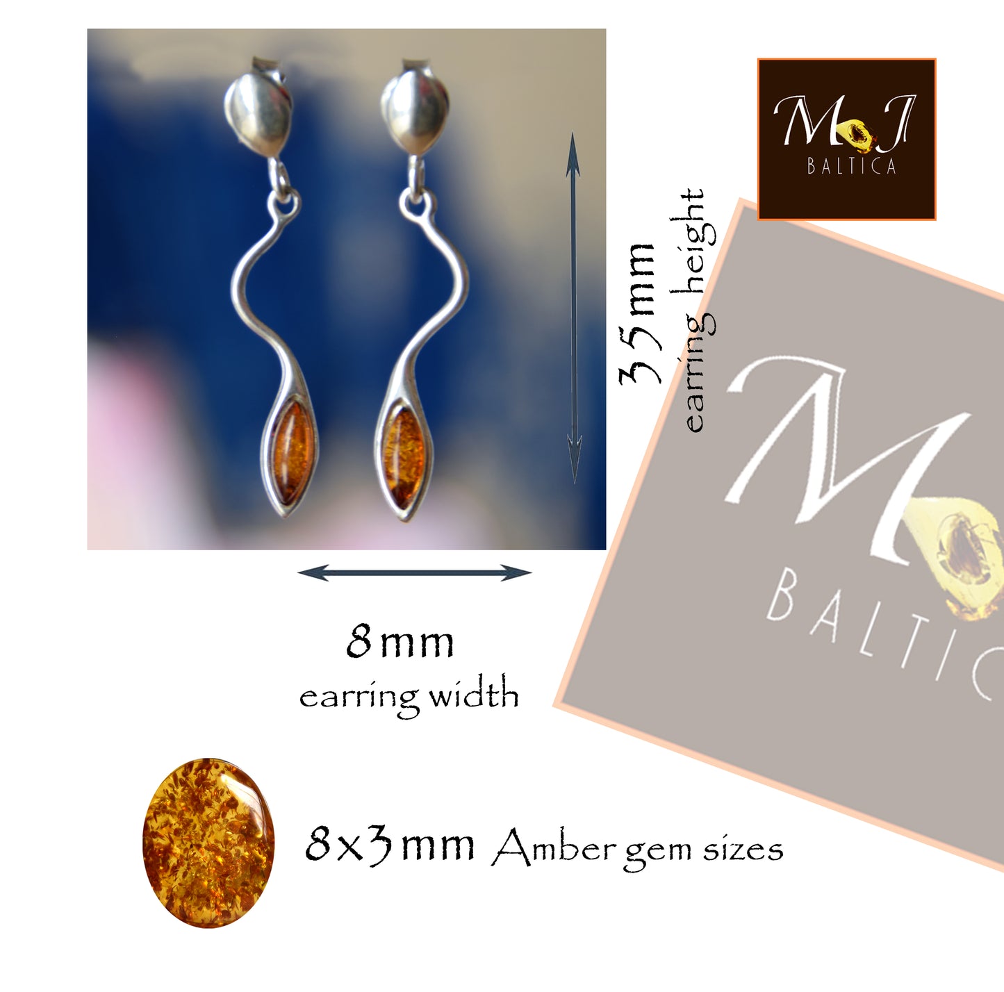 MJ Baltica, earrings, natural Baltic amber, 925 silver, delicate, light, elegant, feminine, cognac, BK164