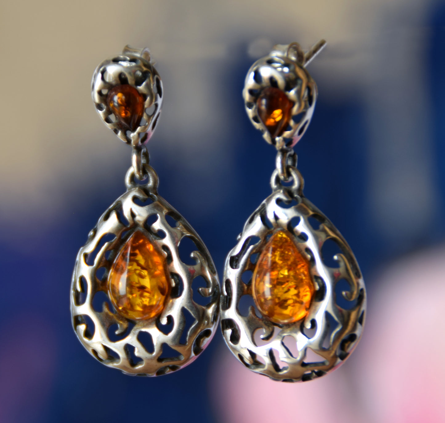 MJ Baltica, earrings, natural Baltic amber, 925 silver, vintage, bright, elegant, feminine, cognac, BK165