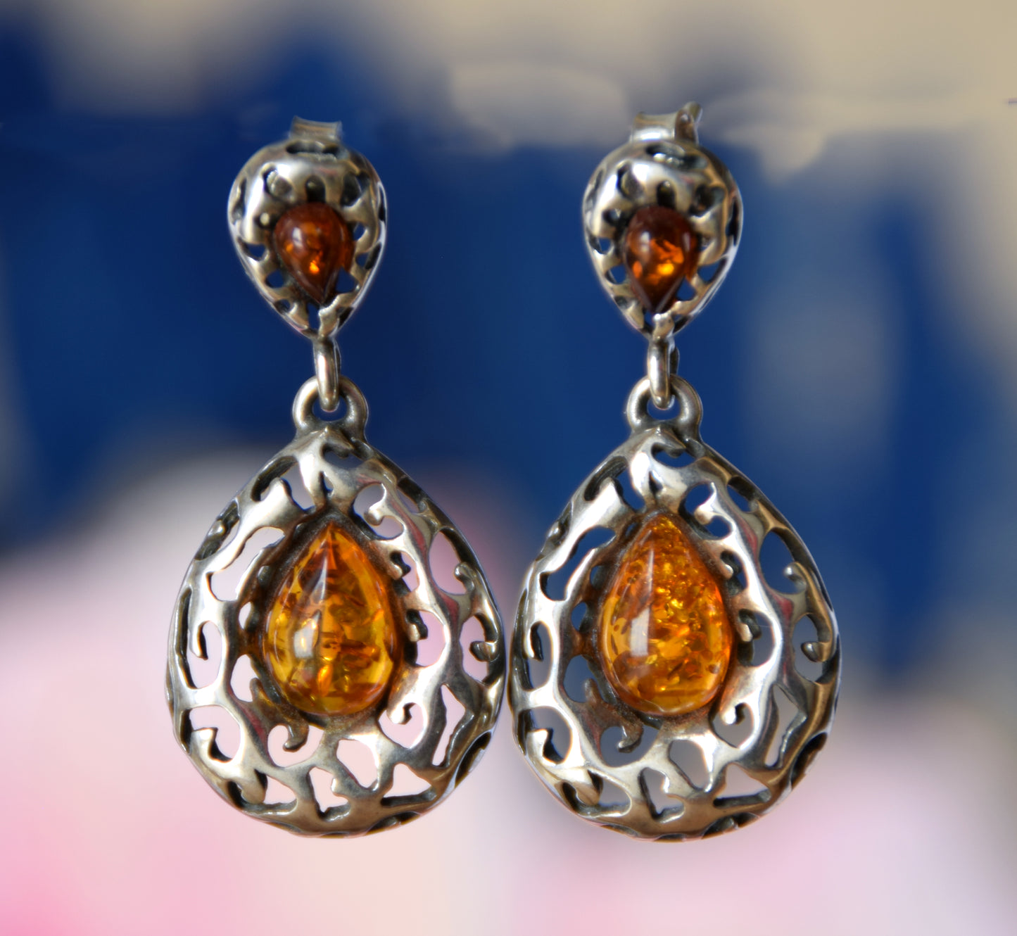 MJ Baltica, earrings, natural Baltic amber, 925 silver, vintage, bright, elegant, feminine, cognac, BK165