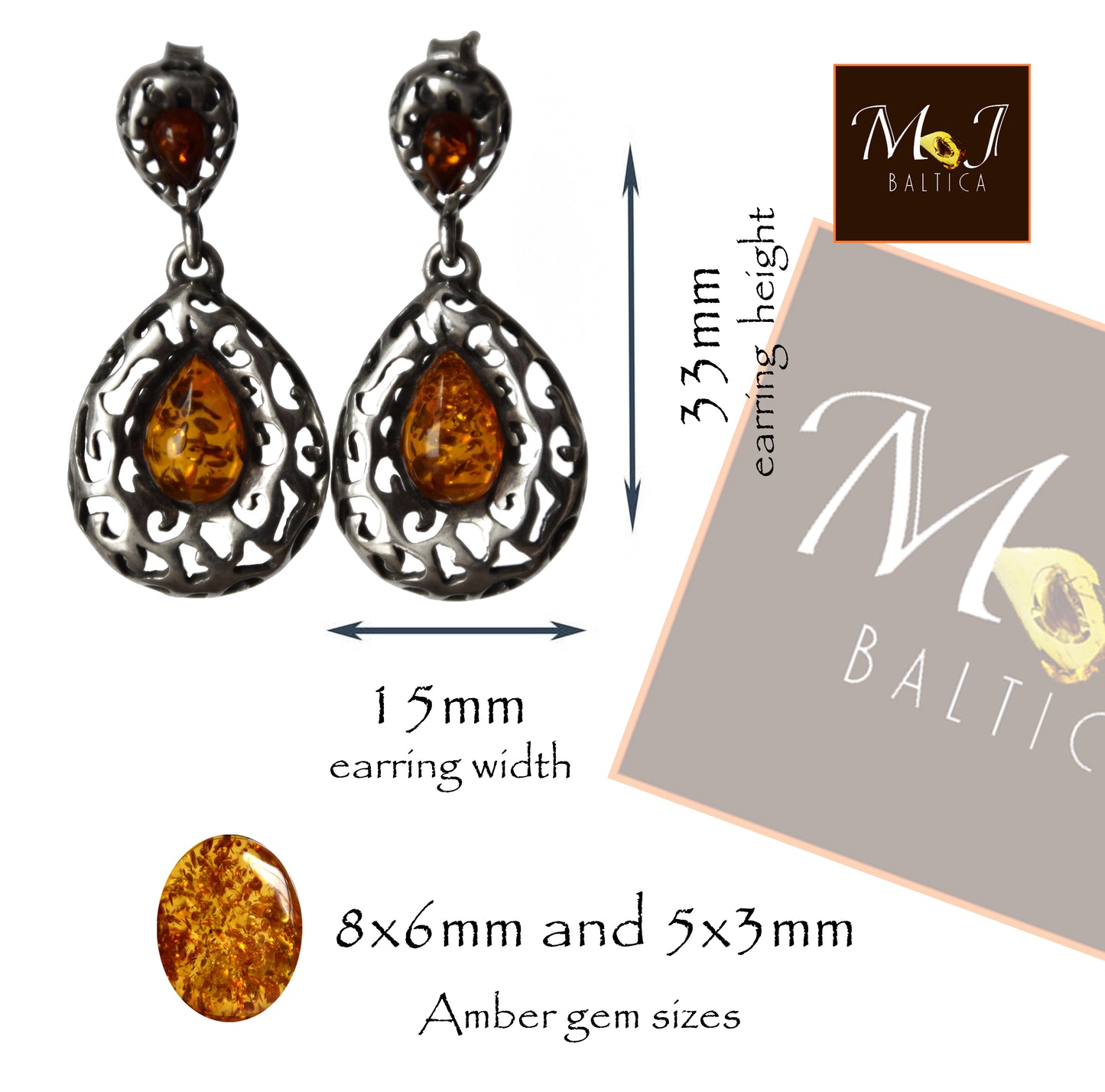 MJ Baltica, earrings, natural Baltic amber, 925 silver, vintage, bright, elegant, feminine, cognac, BK165