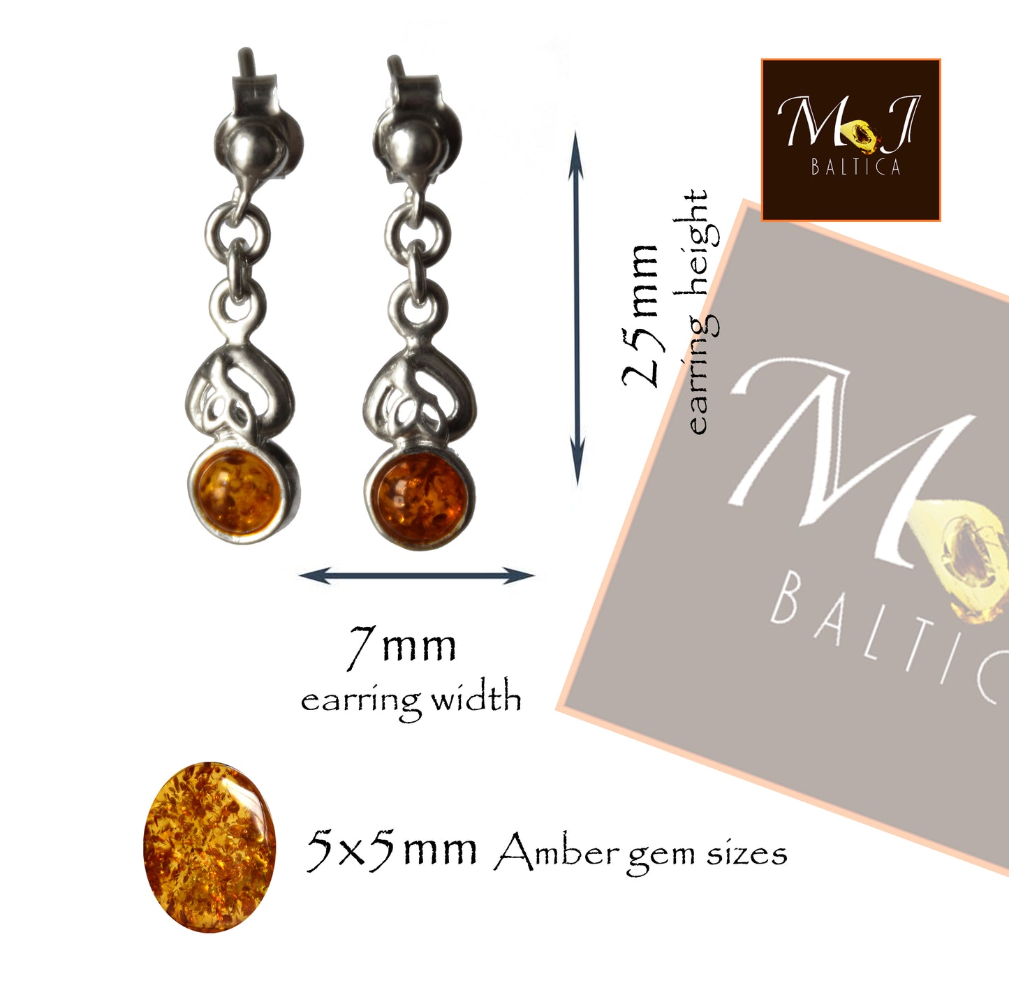 MJ Baltica, orecchini, Ambra naturale Baltica, Argento 925, delicati, eleganti, femminili, cognac, BK168