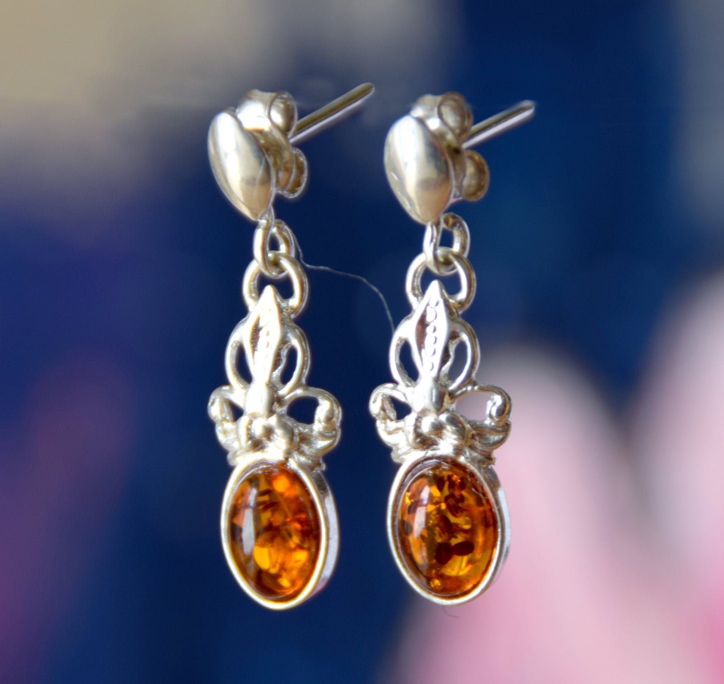 MJ Baltica, earrings, natural Baltic amber, 925 silver, delicate, elegant, feminine, cognac, BK170