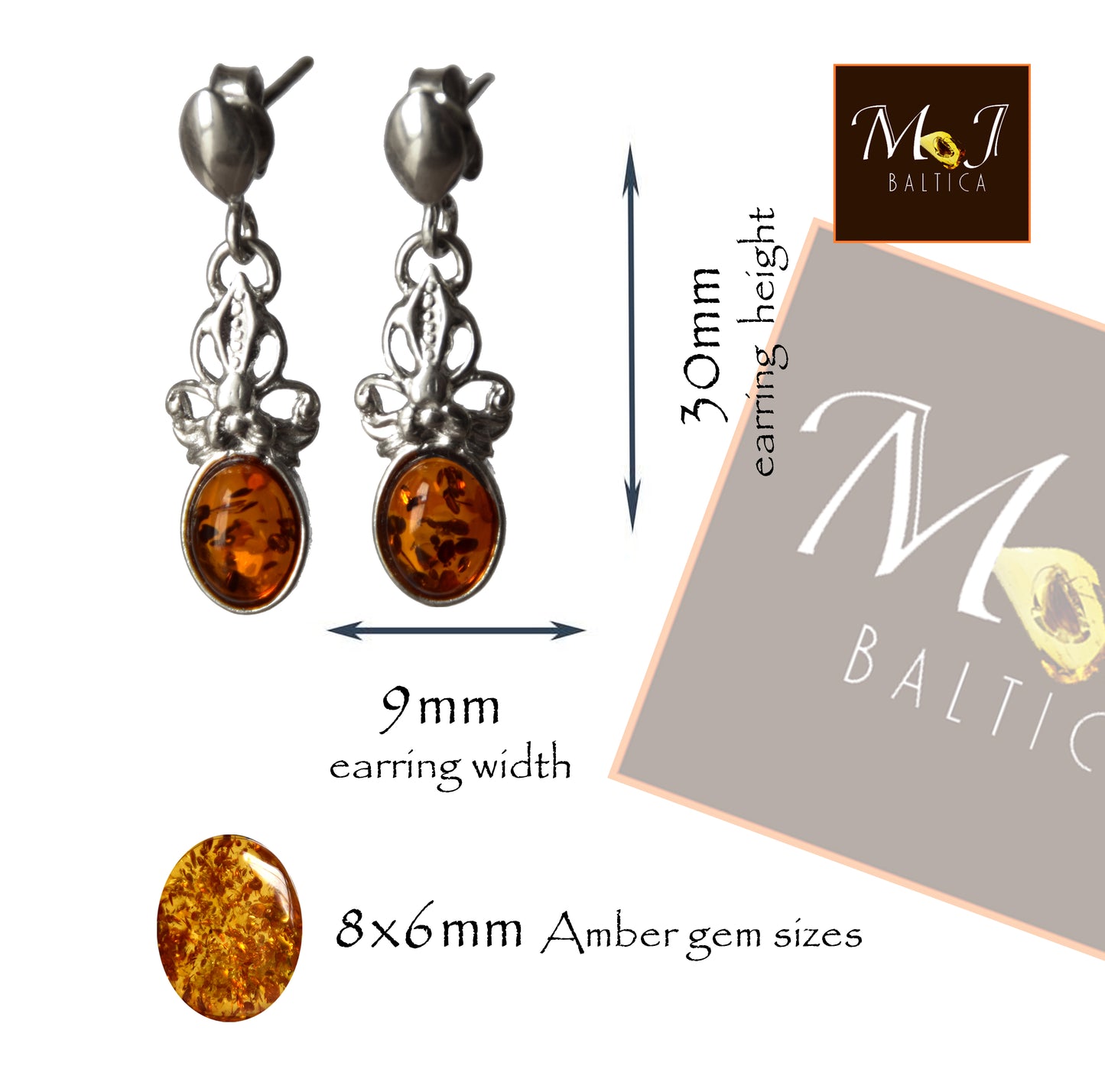 MJ Baltica, earrings, natural Baltic amber, 925 silver, delicate, elegant, feminine, cognac, BK170