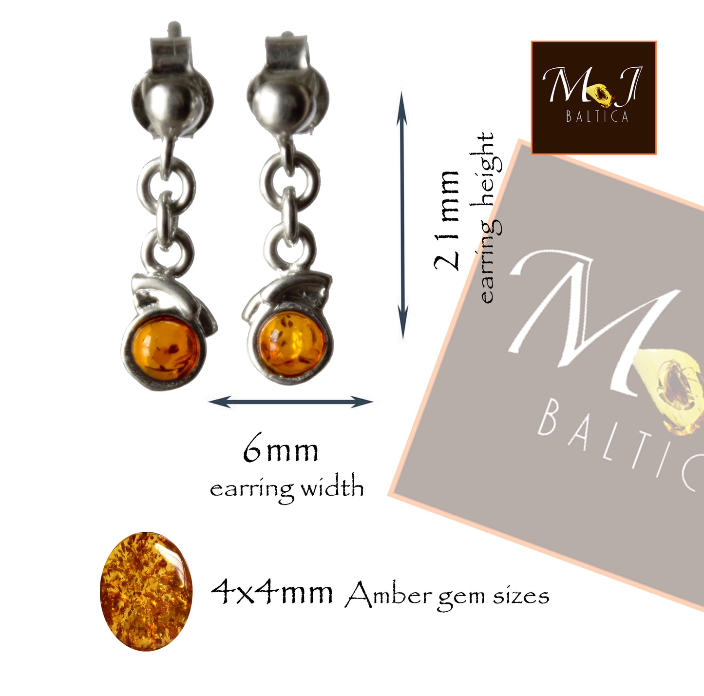 MJ Baltica, earrings, natural Baltic amber, 925 silver, delicate, delicate, feminine, cognac, BK172