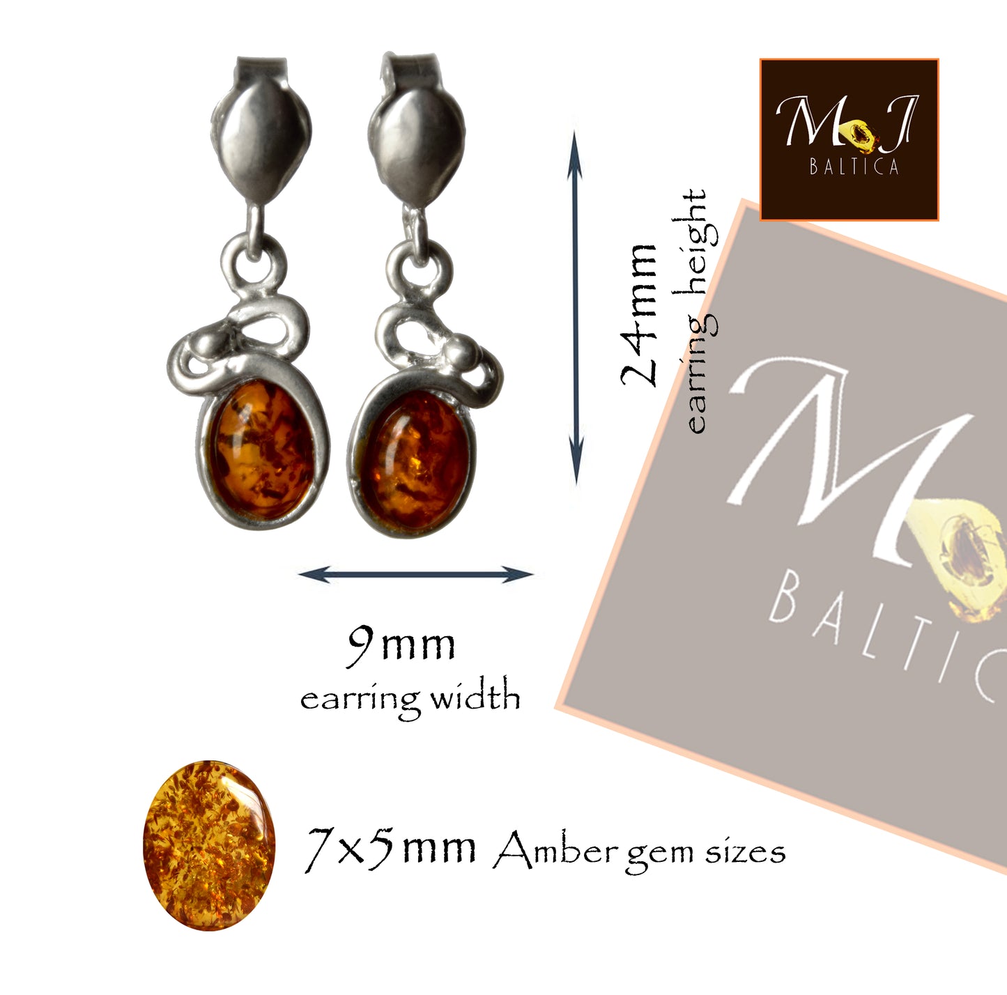 MJ Baltica, earrings, natural Baltic amber, 925 silver, delicate, feminine, cognac, BK173