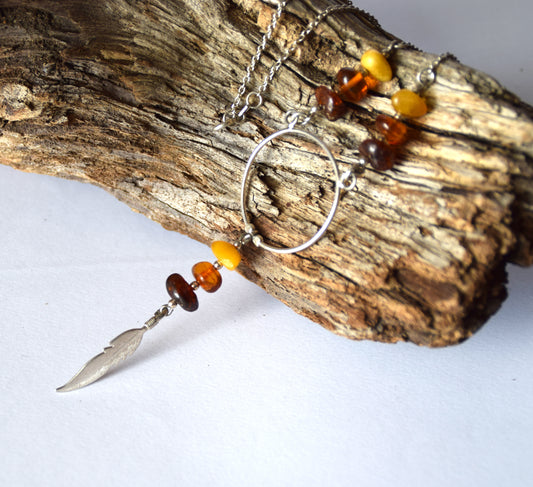 MJ Baltica, necklace, choker, natural Baltic amber, 925 silver, feather, BKo028