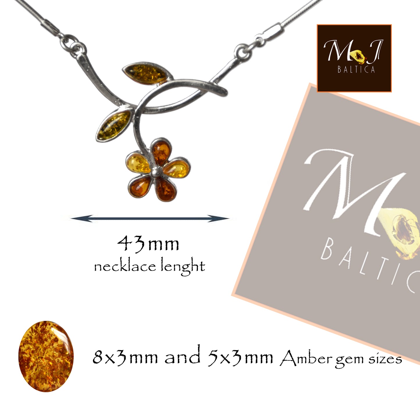 MJ Baltica, collana, girocollo, Ambra naturale Baltica, Argento 925, fiore, romantico, bellissimo, BKo040