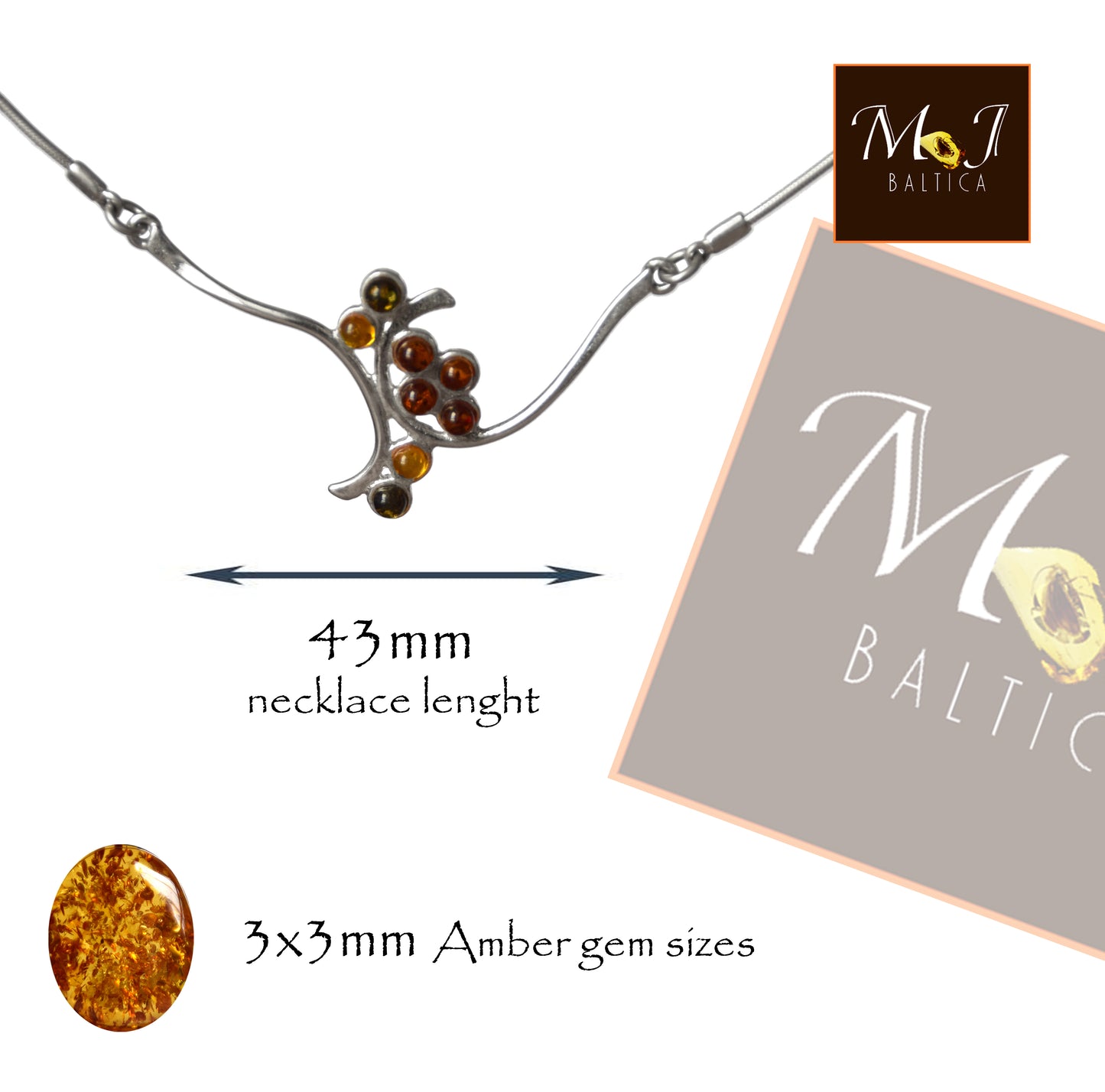 MJ Baltica, necklace, choker, natural Baltic amber, 925 silver, clusters, multicolored, elegant, BKo041