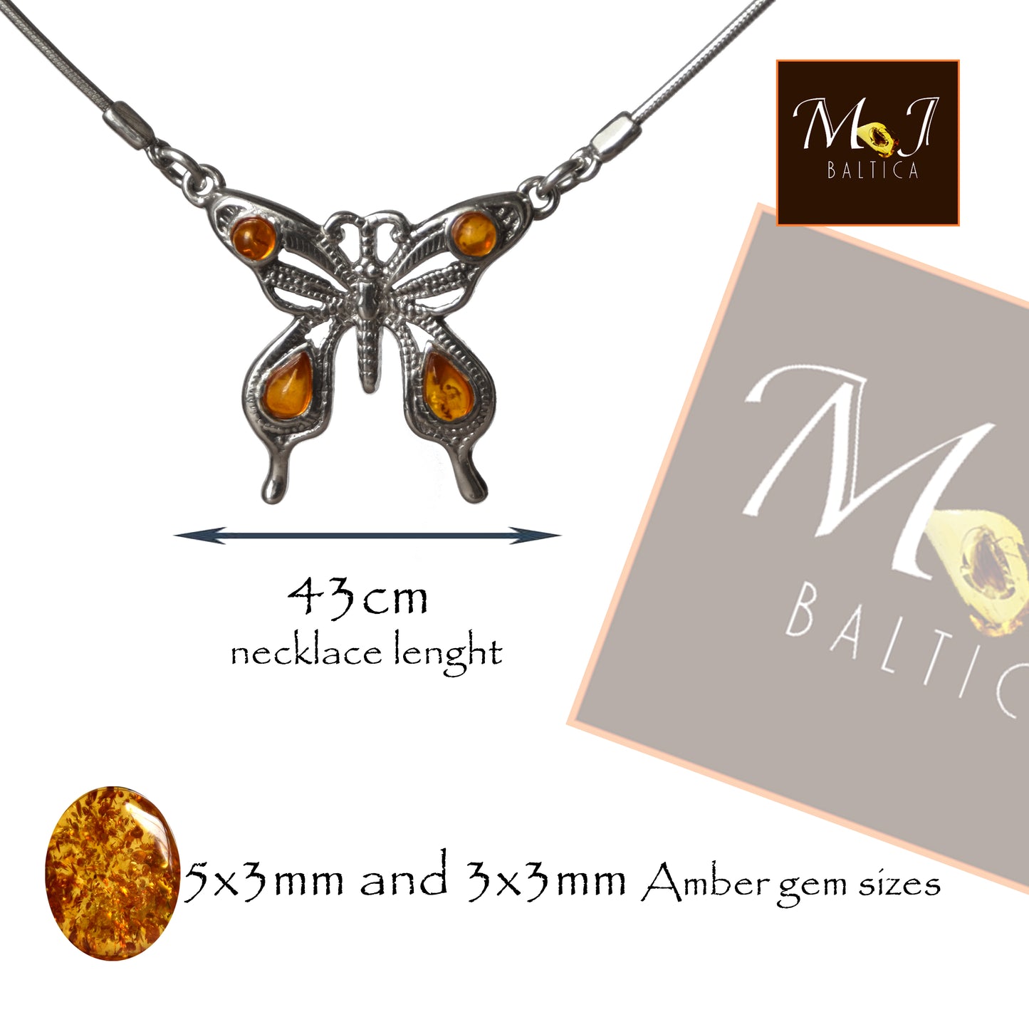 MJ Baltica, necklace, choker, natural Baltic amber, 925 silver, butterfly, feminine, elegant, BKo053