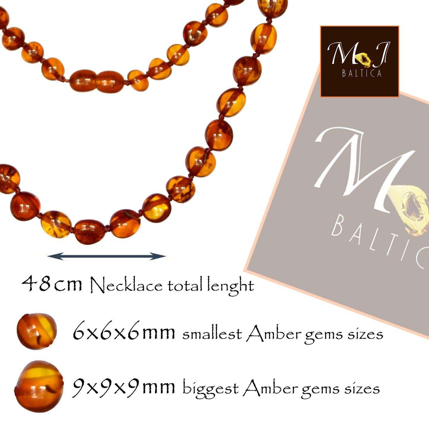 MJ Baltica, necklace, natural Baltic amber, elegant, brown, sphere, unisex, BKoBB038