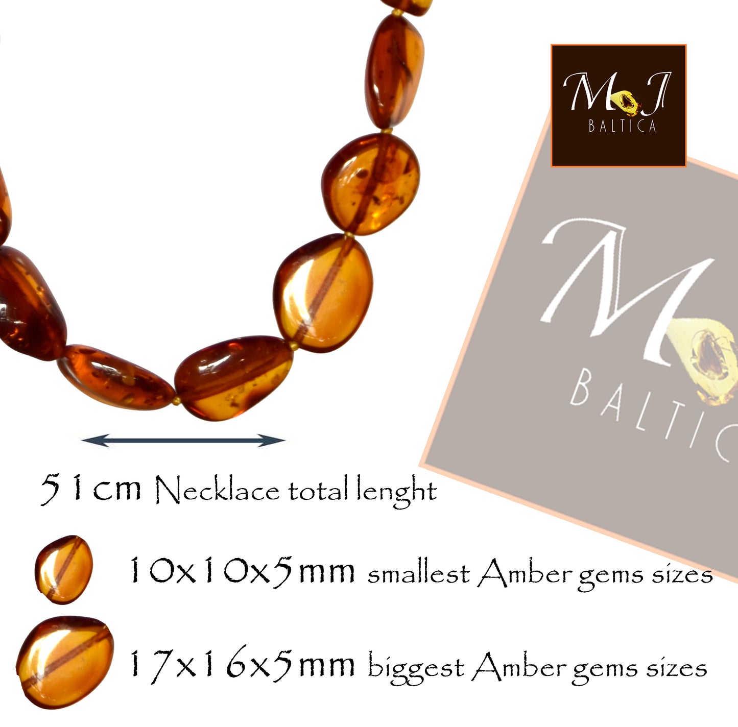 MJ Baltica, necklace, natural Baltic amber, elegant, oval, cognac, luminous, BKoBB043