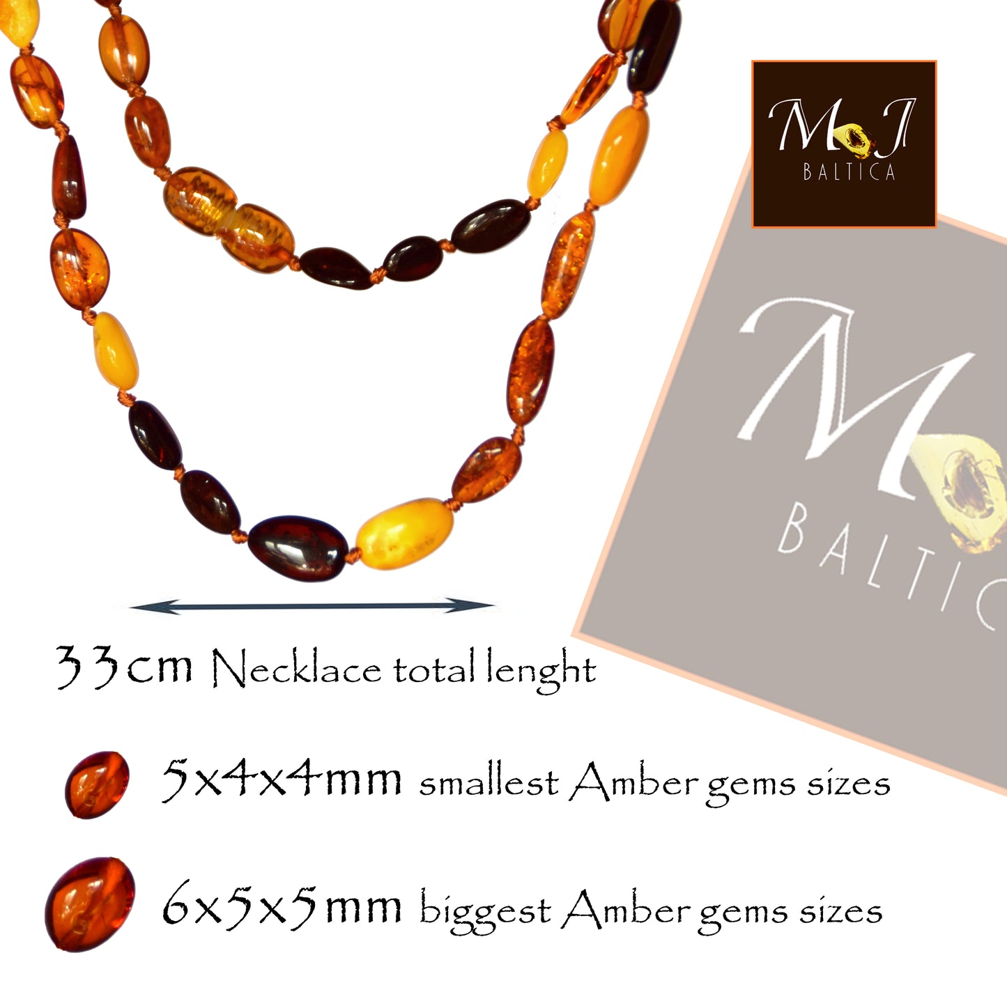 MJ Baltica, necklace, natural Baltic amber, protective, healing, children, mixed, oval, screw, 33cm, BKoBimbo2