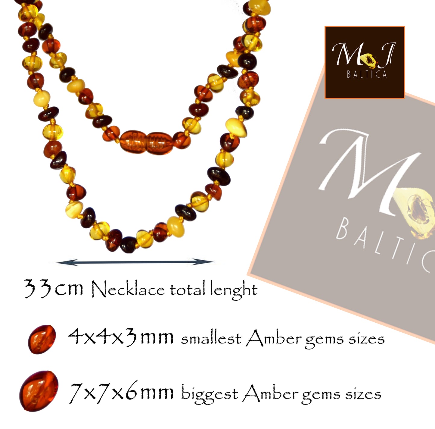 MJ Baltica, necklace, natural Baltic amber, protective, healing, children, mixed, round, screw, 33cm, BKoBimbo3