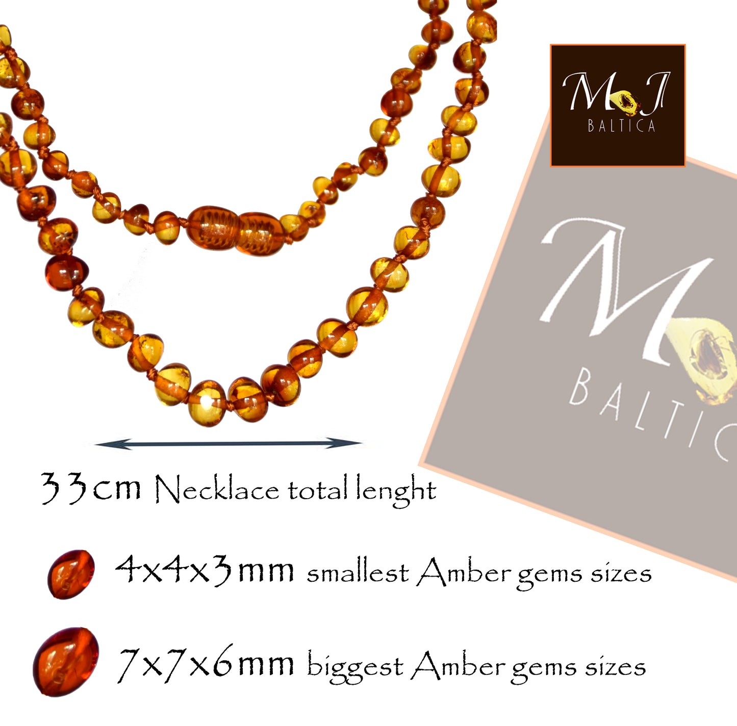 MJ Baltica, necklace, natural Baltic amber, protective, healing, children, cognac, round, screw, 33cm, BKoBimbo4