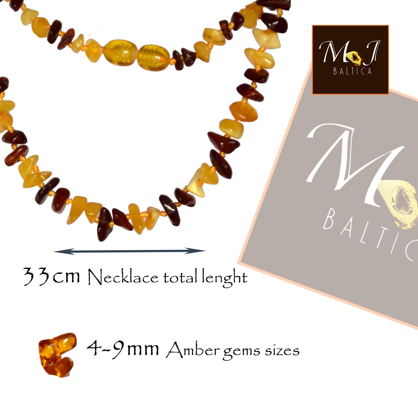 MJ Baltica, necklace, natural Baltic amber, protective, healing, children, mixed, screw, 33cm, BKoBmi3