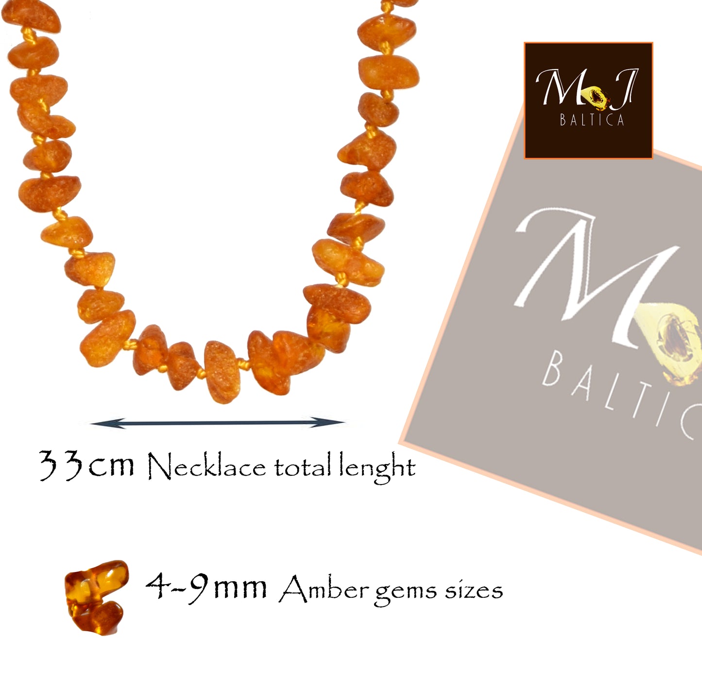 MJ Baltica, necklace, natural Baltic amber, protective, healing, children, ccognac, raw, screw, 33cm, BKoBmi5