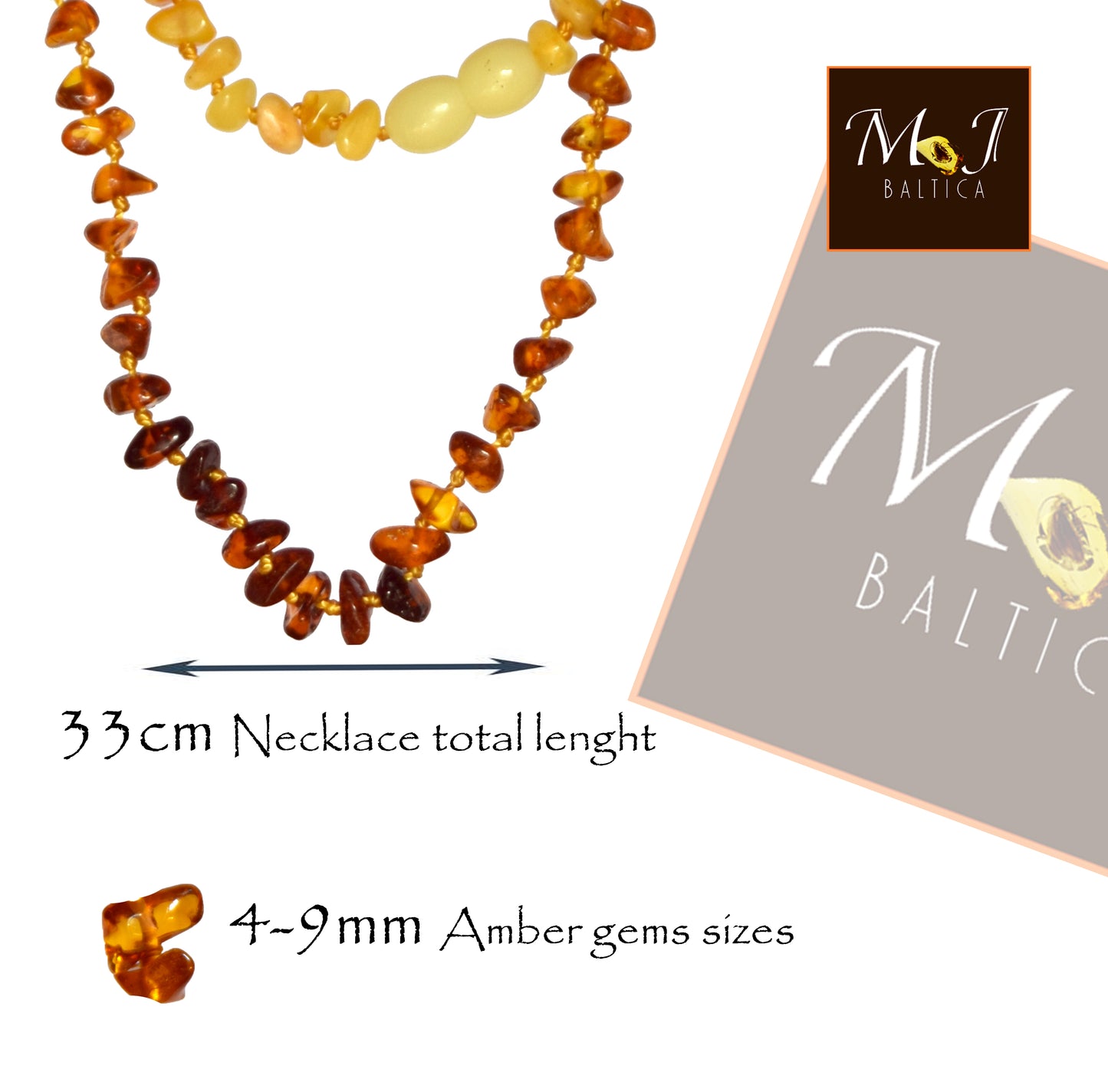 MJ Baltica, necklace, natural Baltic amber, protective, healing, children, mixed, screw, 33cm, BKoBmi6