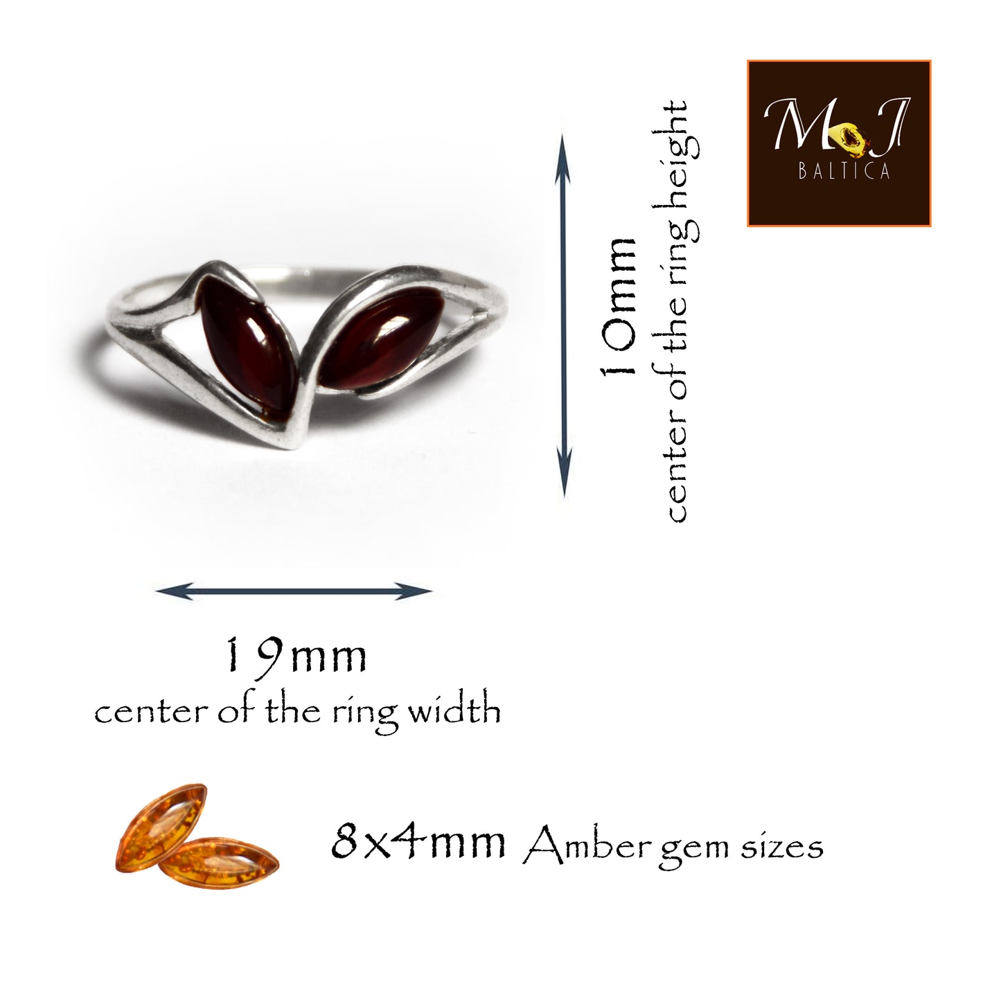 MJ Baltica, ring, natural Baltic amber, 925 silver, band, handcrafted, intense amber, dark, modern, BP021b