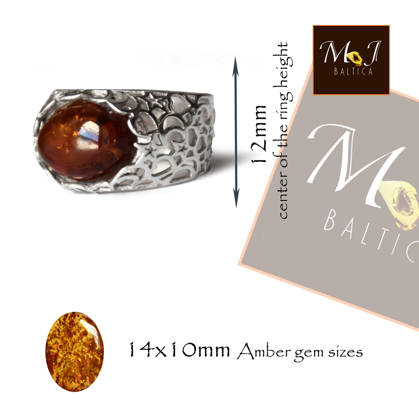 MJ Baltica, ring, natural Baltic Amber, 925 Silver, handcrafted, band, luminous BP089