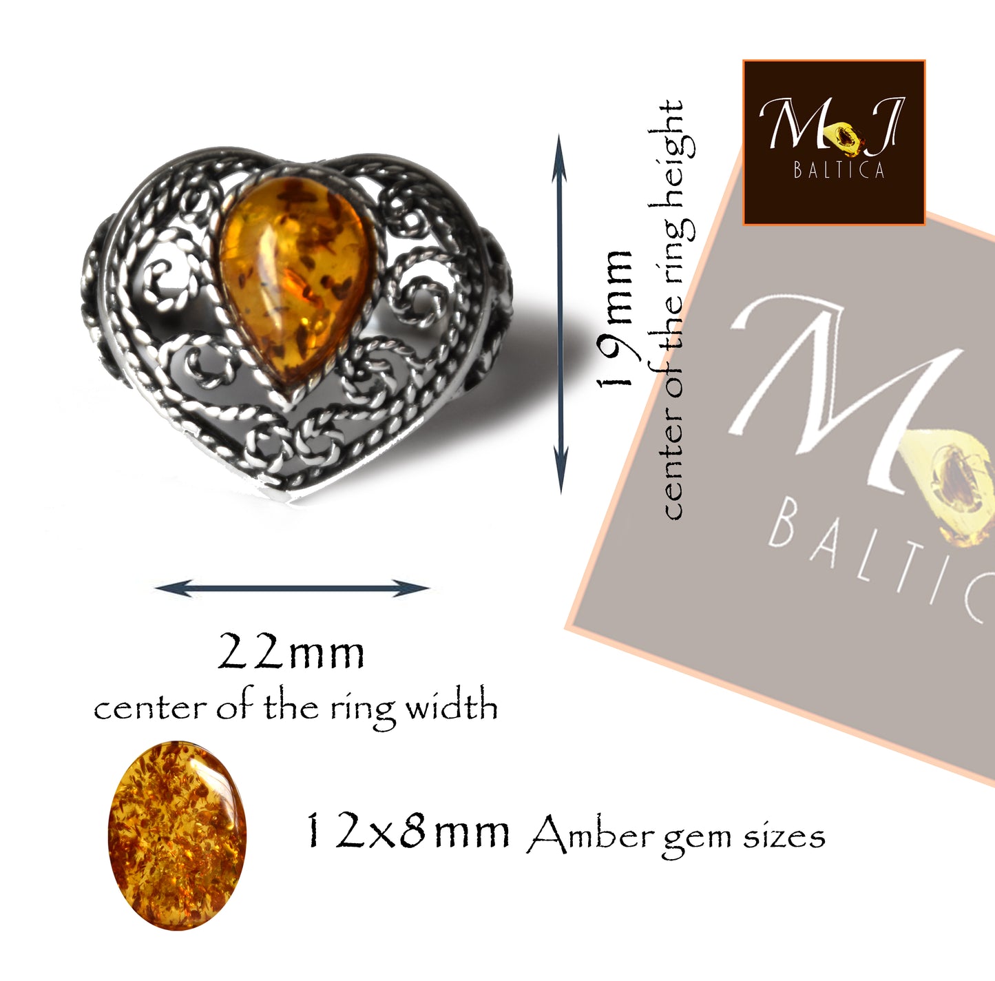 MJ Baltica, anello, Ambra naturale Baltica, Argento 925, artigianale, fascia, cuore, filigrana, luminoso BP090