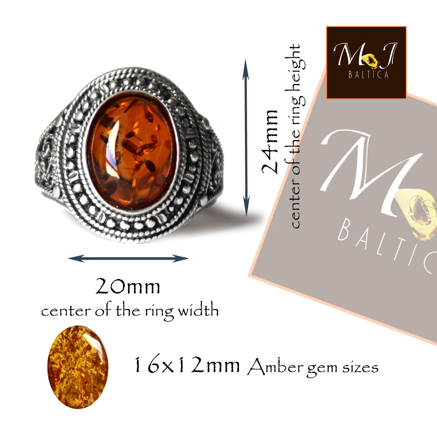 MJ Baltica, Ring, natürlicher baltischer Bernstein, 925er Silber, handgefertigt, Band, Unisex, leuchtend BP092