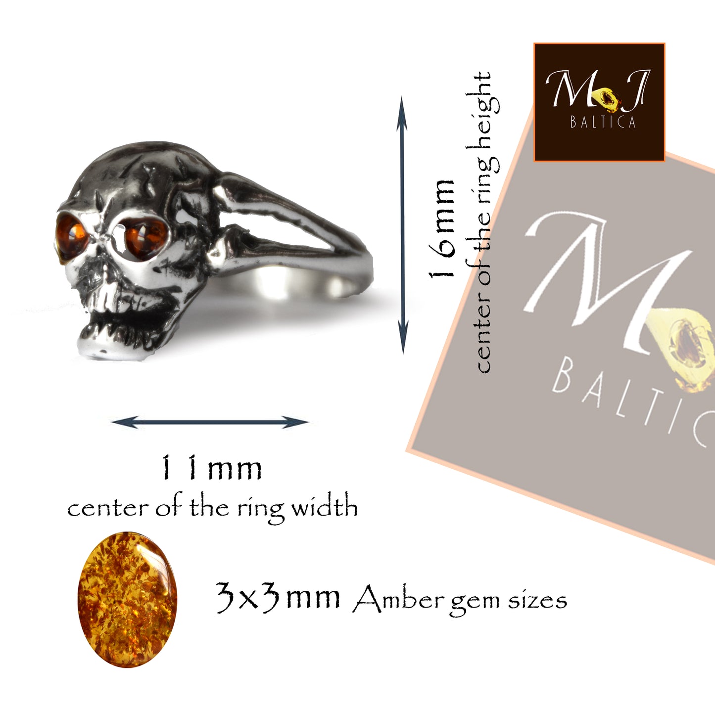 MJ Baltica, ring, natural Baltic amber, 925 silver, handcrafted, skull, luminous BP097